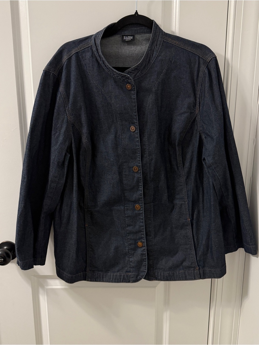 Eileen Fisher stretch denim jacket collarless Plus Size 1X 2X